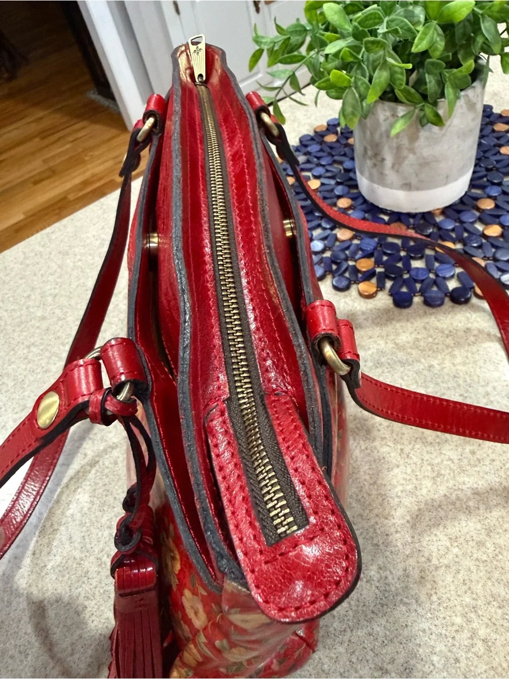 Patricia Nash Red Floral Leather Tassel Shoulder Bag